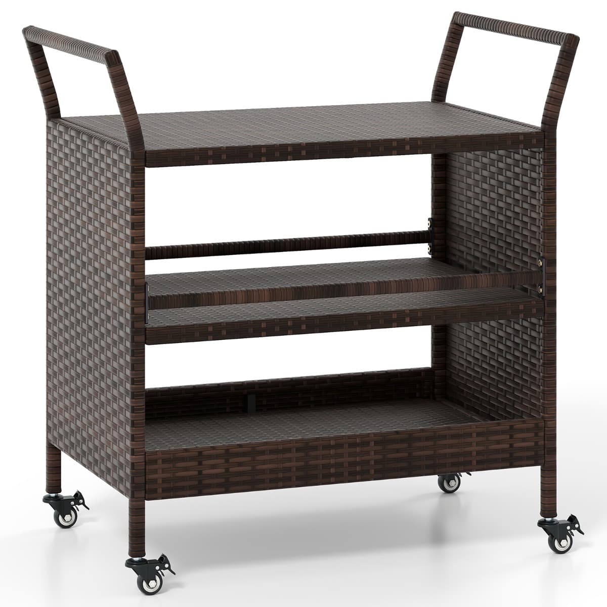 CostwayChariot de Bar Extérieur en Rotin à 3 Riveaux pour Patio avec Roues Universelles Verrouillables et Poignées Latérales 86 x 50 x 89 cm