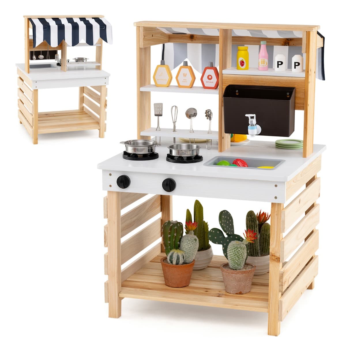 CostwayCuisine de Jeu 2 en 1 en Bois avec Cuisinières Evier Réservoir à Eau Robinet et Ustensiles de Cuisine avec Toit pour 3+ Ans Naturel