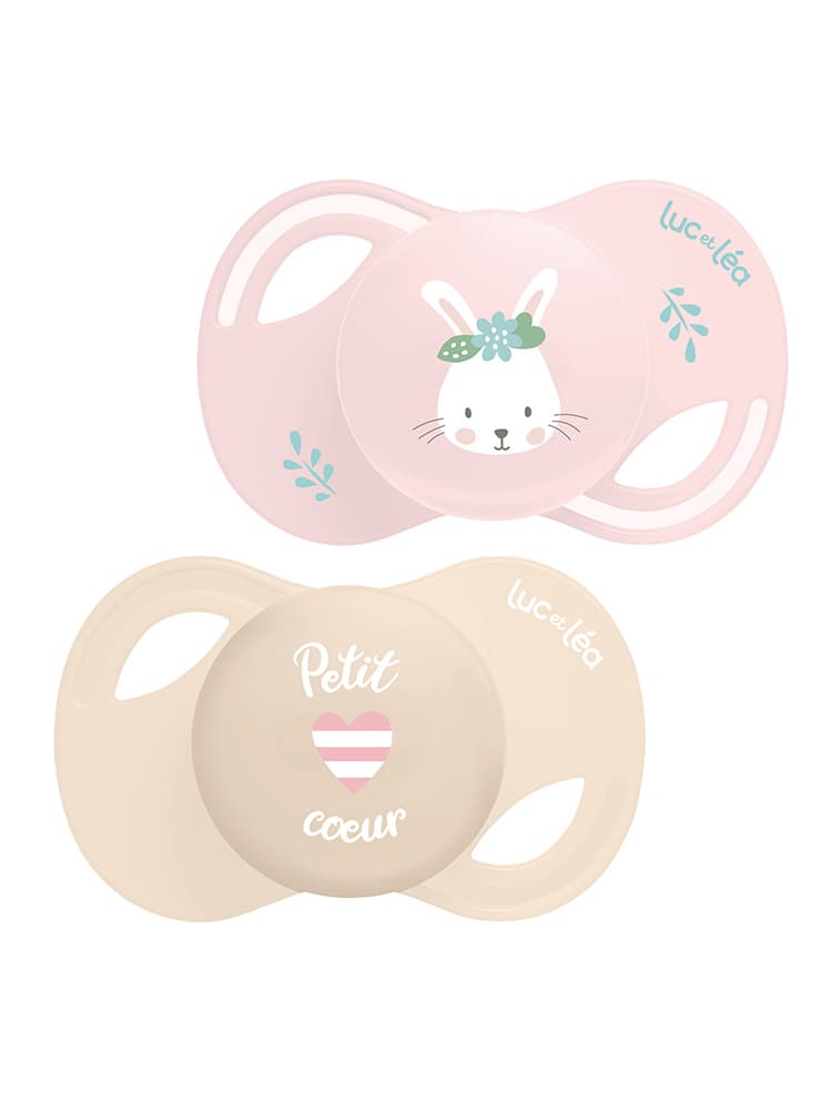 Luc et Léa Collection 2 Sucettes Téterelle Extra-Fine Anatomique 0-6 Mois - Modèle : Lapin - Petit Cœur