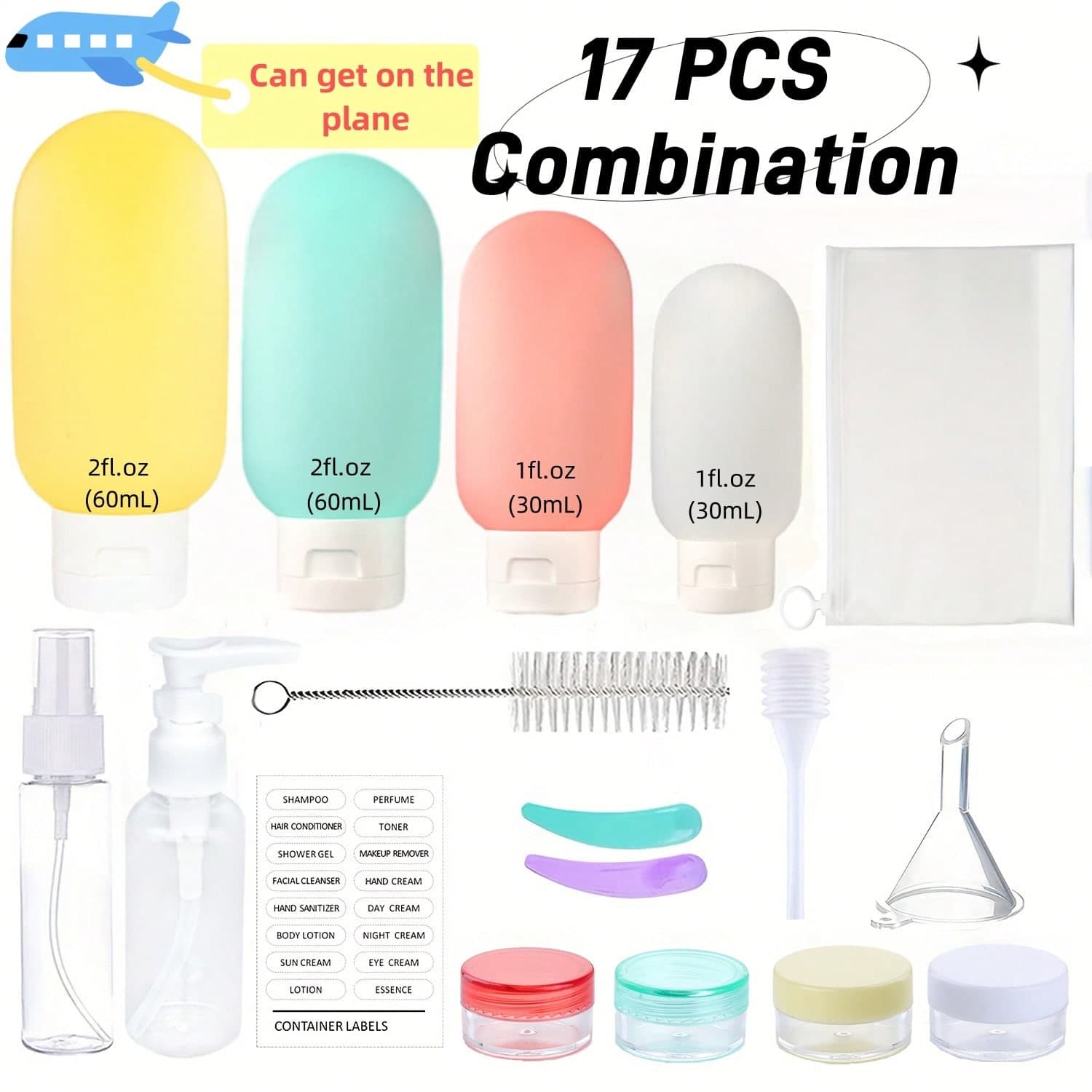 17 pièces Bouteilles de produits de toilette de voyage pour le camping, contenants de produits de toilette de taille de voyage rechargeables pour