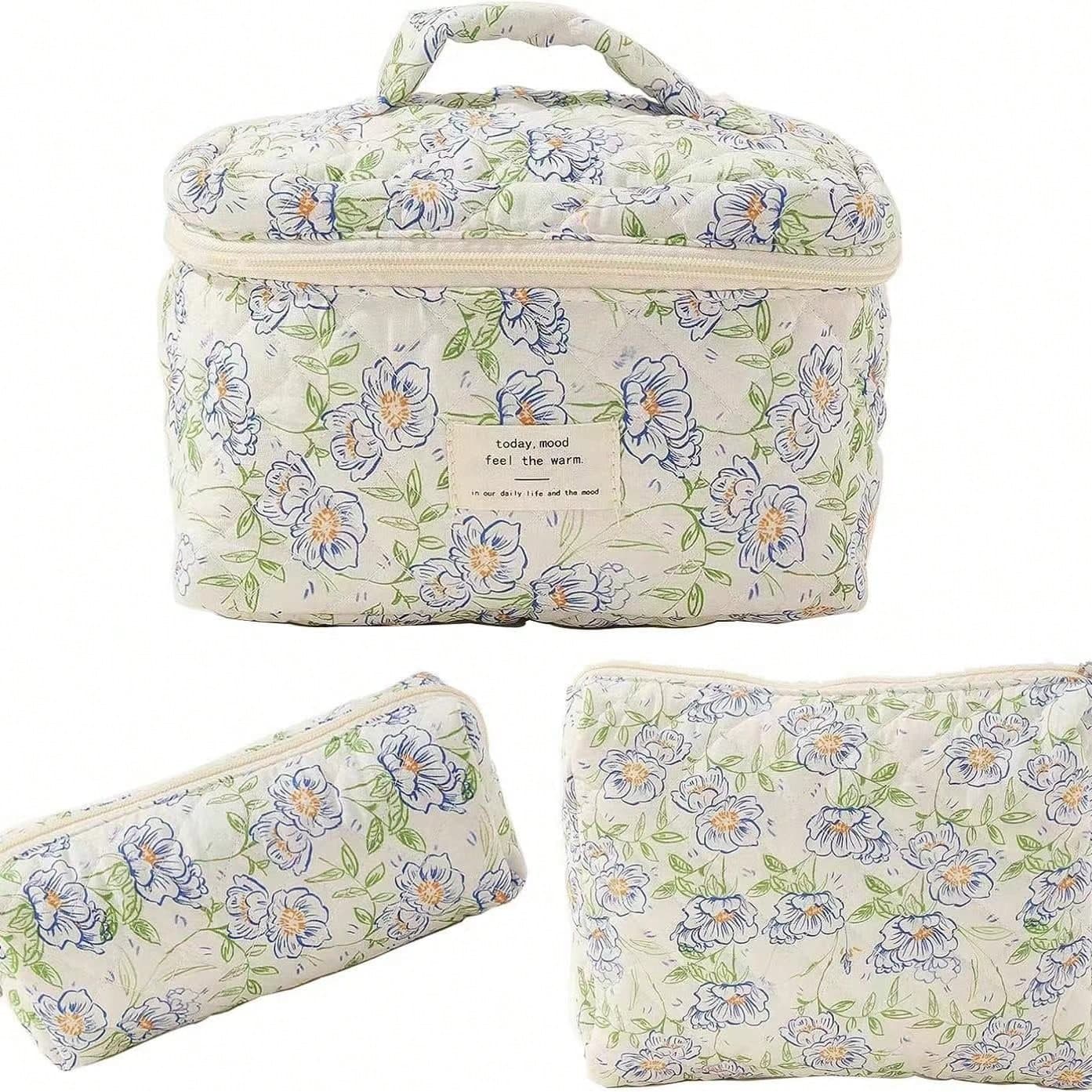 Ensemble de 3 sacs à maquillage matelassés en coton Sac cosmétique en coton floral Sac d'organisation de voyage de produits de toilette esthétique